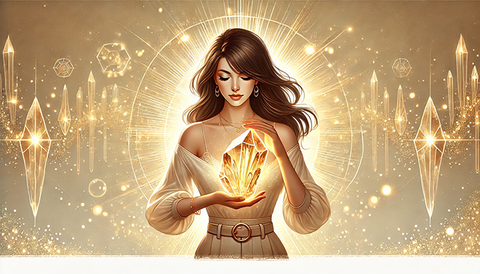 DALL%C2%B7E 2025 01 25 23.52.58 A digital illustration featuring a serene woman holding a glowing rutile quartz crystal symbolizing empowerment and transformation. The woman is depi - ルチルクォーツの効果が出すぎる？その状況と引き寄せ方法を徹底解説！