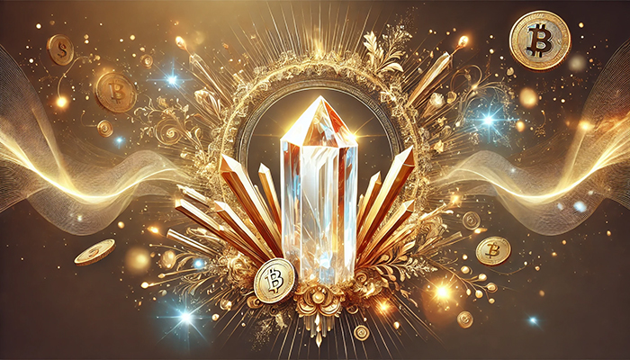 DALL%C2%B7E 2025 01 25 23.57.05 A digital illustration of a radiant rutile quartz crystal positioned prominently at the center surrounded by dynamic elements symbolizing wealth and - ルチルクォーツの効果が出すぎる？その状況と引き寄せ方法を徹底解説！