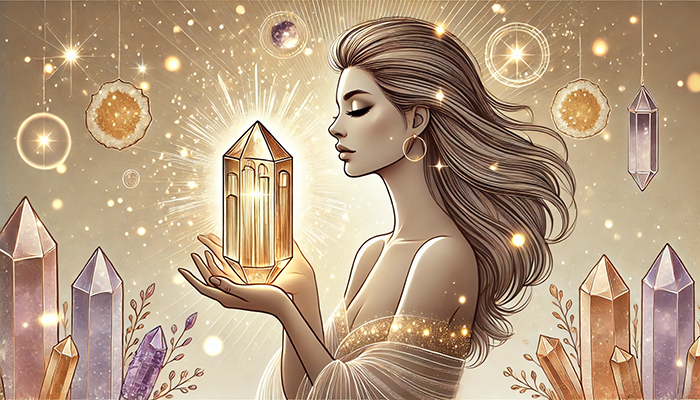 DALL%C2%B7E 2025 01 26 00.00.05 A digital illustration featuring a serene woman holding a glowing rutile quartz crystal symbolizing empowerment and prosperity. The crystal is detail - ルチルクォーツの効果が出すぎる？その状況と引き寄せ方法を徹底解説！