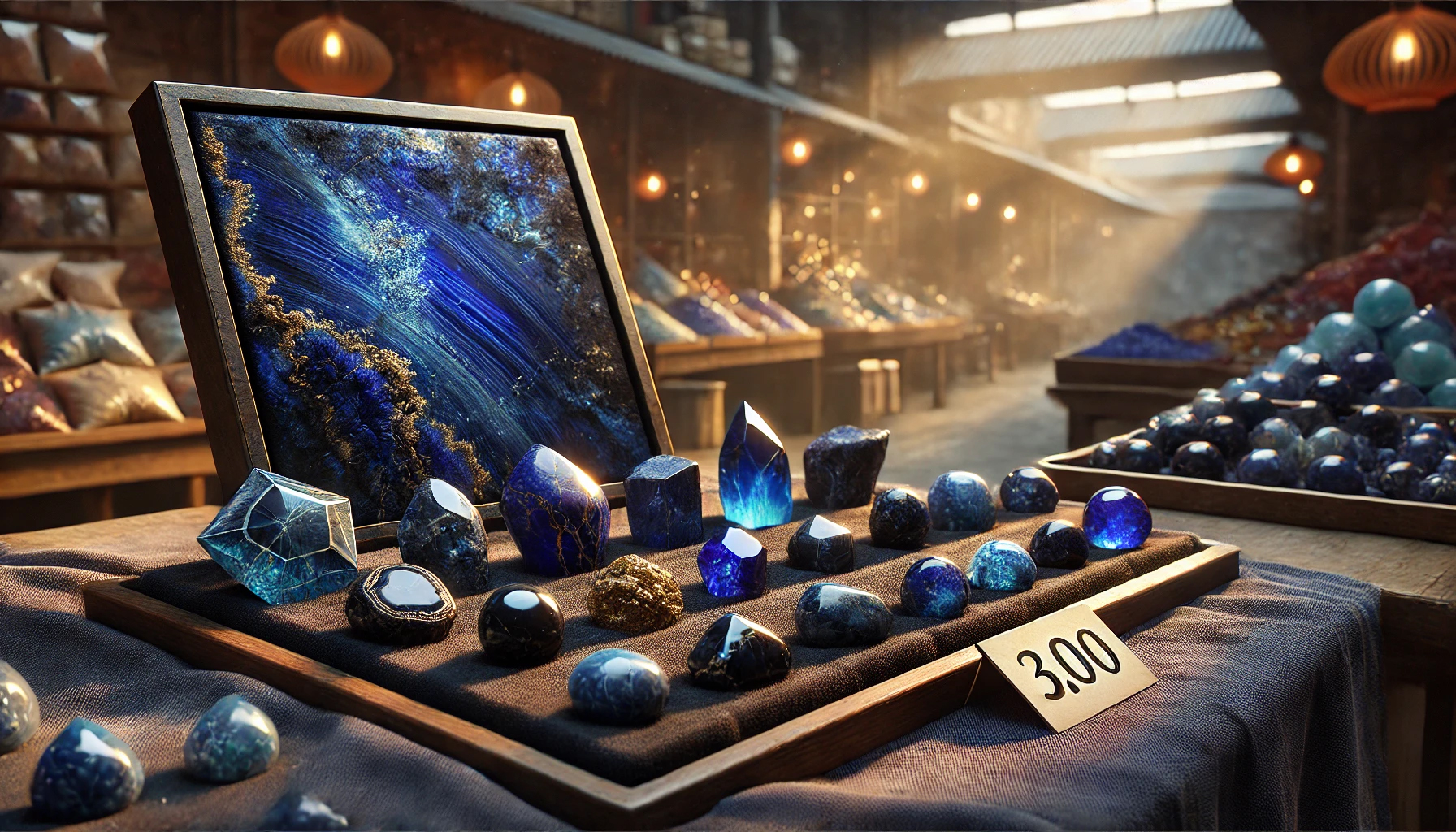 DALL%C2%B7E 2025 01 26 16.45.36 A realistic depiction of a market scene displaying a variety of polished and raw lapis lazuli gemstones for sale. The gemstones are arranged on a dark - 本物のラピスラズリを見極める方法と購入のポイント