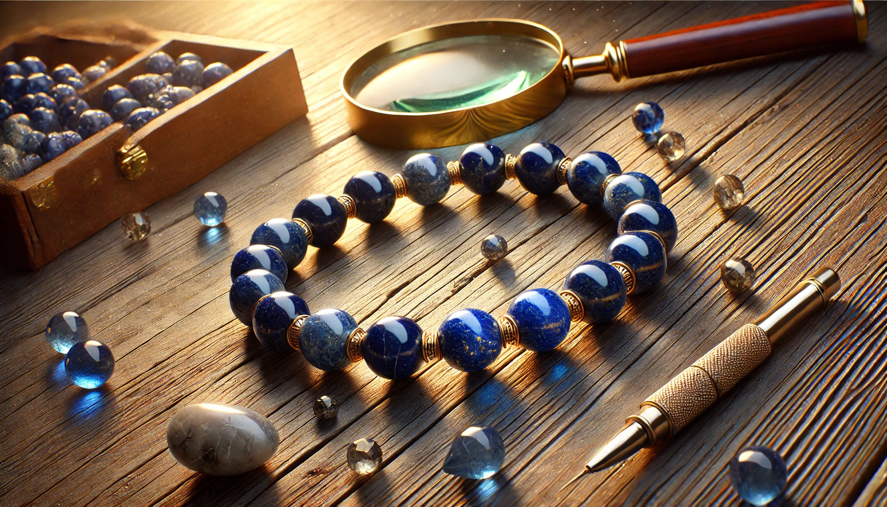 DALL%C2%B7E 2025 01 26 16.47.31 A hyper realistic close up of a polished lapis lazuli bracelet laid flat on a textured wooden table. The bracelet consists of perfectly rounded beads  - 本物のラピスラズリを見極める方法と購入のポイント