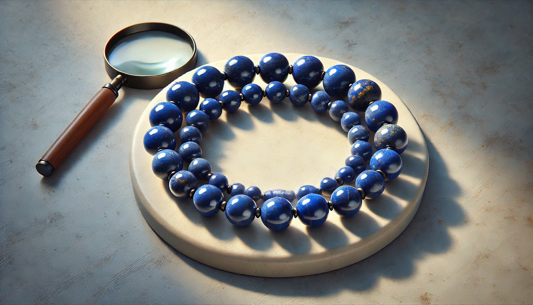 DALL%C2%B7E 2025 01 26 16.50.31 A hyper realistic depiction of a full lapis lazuli necklace arranged in a circular shape on a smooth neutral toned surface. The necklace features per - 本物のラピスラズリを見極める方法と購入のポイント