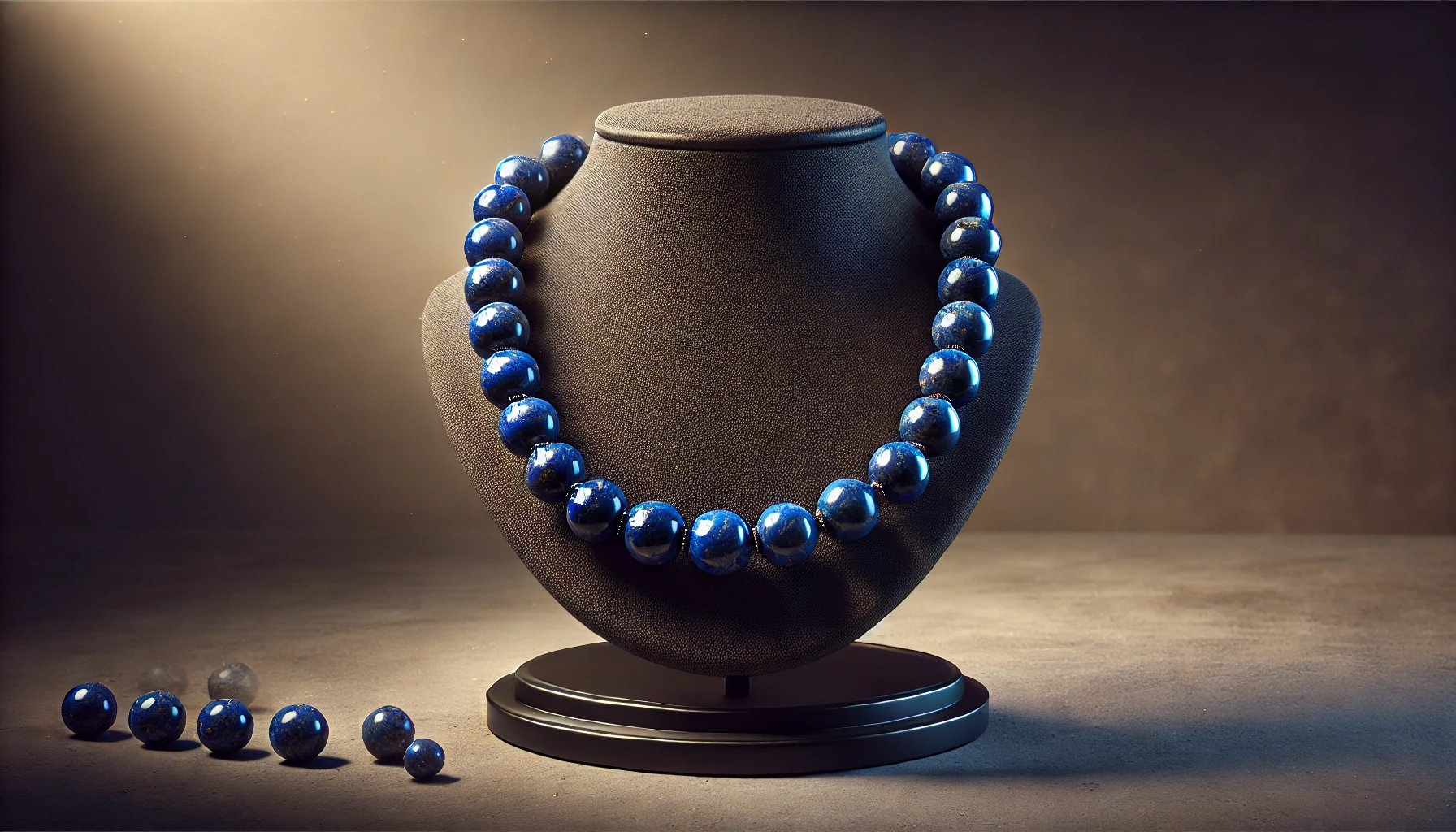 DALL%C2%B7E 2025 01 26 16.51.41 A hyper realistic depiction of a full lapis lazuli necklace displayed in its entirety draped elegantly on a black velvet jewelry stand. The necklace  - 本物のラピスラズリを見極める方法と購入のポイント