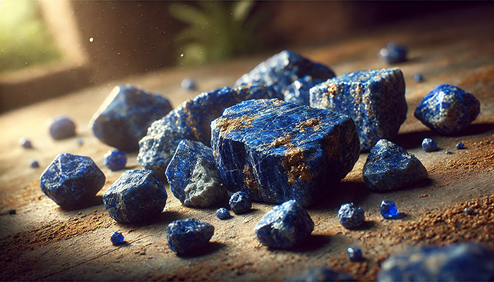 DALL%C2%B7E 2025 01 26 19.25.32 A hyper realistic depiction of several raw lapis lazuli stones scattered on a textured stone surface. The stones display their natural deep blue tones - 本物のラピスラズリを見極める方法と購入のポイント