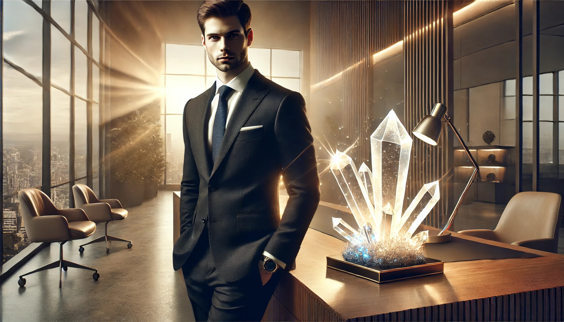 DALL%C2%B7E 2025 01 26 21.43.05 A photorealistic image of a confident professional looking man standing next to a glowing quartz crystal cluster on a sleek wooden desk. The man is w - 運気アップ！仕事運を引き寄せるパワーストーンの選び方と効果