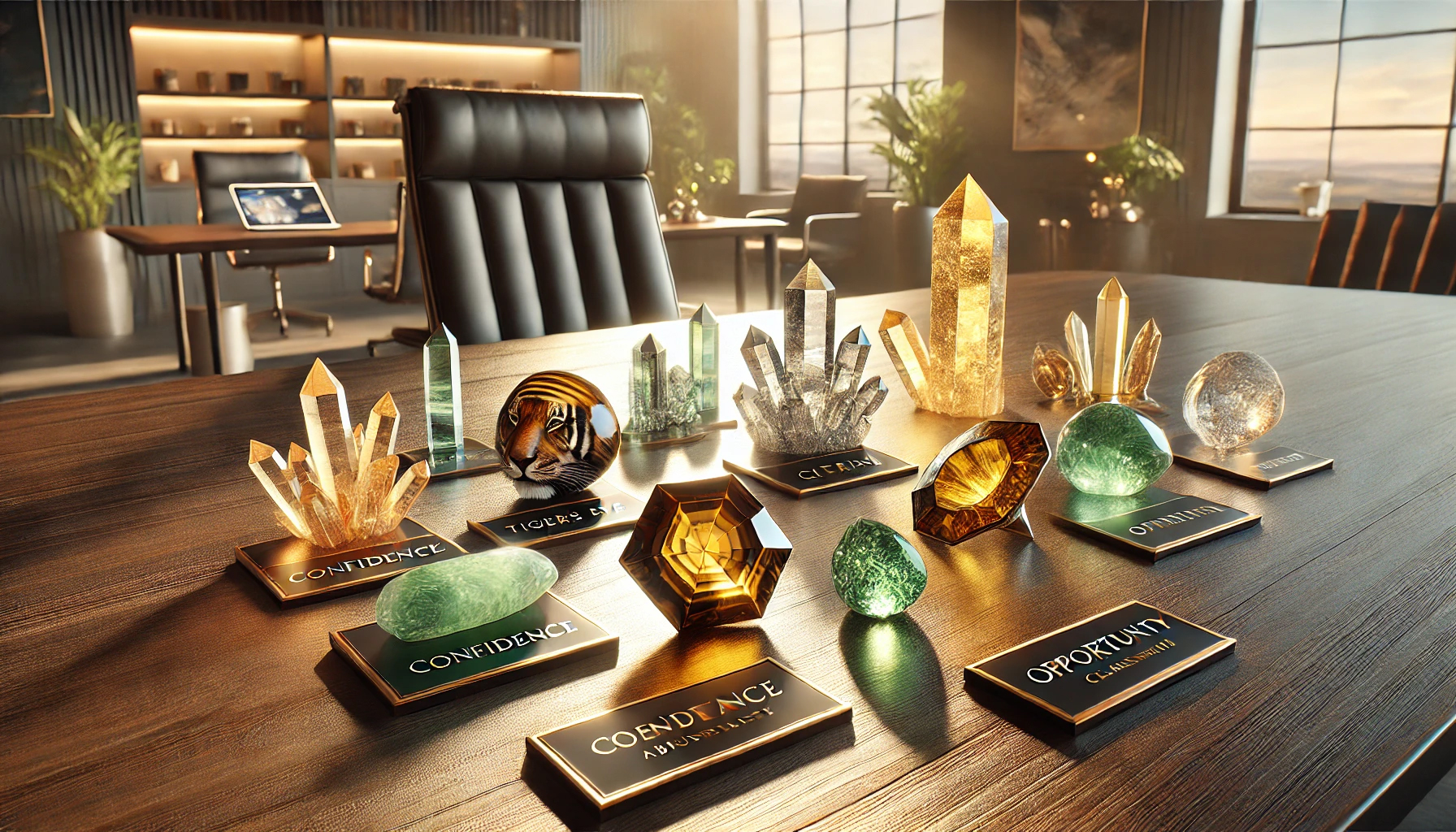 DALL%C2%B7E 2025 01 26 21.47.41 A photorealistic image of a sleek arrangement of powerful gemstones on a polished wooden table symbolizing success in the workplace. The stones inclu - 運気アップ！仕事運を引き寄せるパワーストーンの選び方と効果