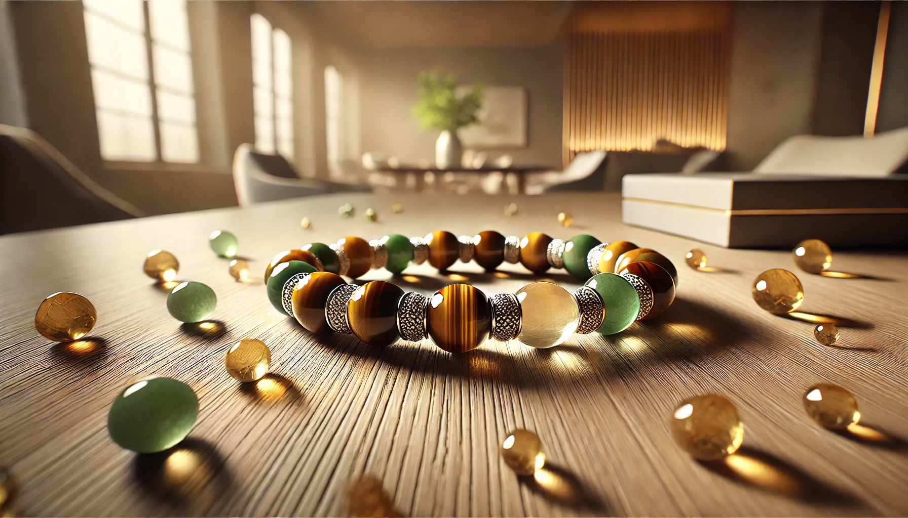 DALL%C2%B7E 2025 01 26 21.49.22 A photorealistic image of a beautifully designed power stone bracelet resting on a smooth wooden surface surrounded by scattered gemstones for added - 運気アップ！仕事運を引き寄せるパワーストーンの選び方と効果