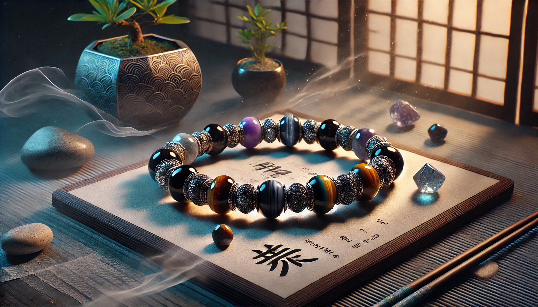 DALL%C2%B7E 2025 01 26 22.13.17 A photorealistic digital illustration of a Japanese style bracelet specifically designed for spiritual protection against negative energies %E7%94%9F%E9%9C%8A%E9%98%B2%E5%BE%A1%E3%83%95%E3%82%99%E3%83%AC%E3%82%B9%E3%83%AC%E3%83%83 - 生霊除けブレスレットの効果と選び方！最強のパワーストーンを活用する方法