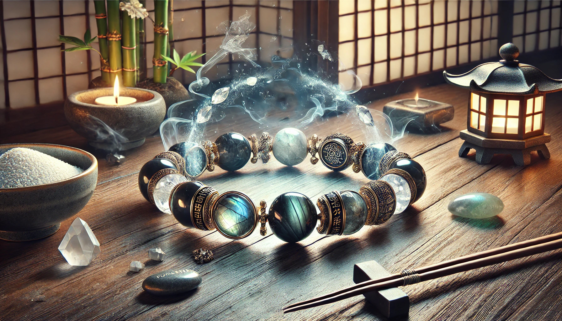 DALL%C2%B7E 2025 01 26 22.14.42 A photorealistic digital illustration of a Japanese style bracelet crafted to repel and protect against negative spiritual energies %E7%94%9F%E9%9C%8A%E8%BF%94%E3%81%97%E3%83%95%E3%82%99%E3%83%AC%E3%82%B9%E3%83%AC%E3%83%83%E3%83%88. The  - 生霊除けブレスレットの効果と選び方！最強のパワーストーンを活用する方法