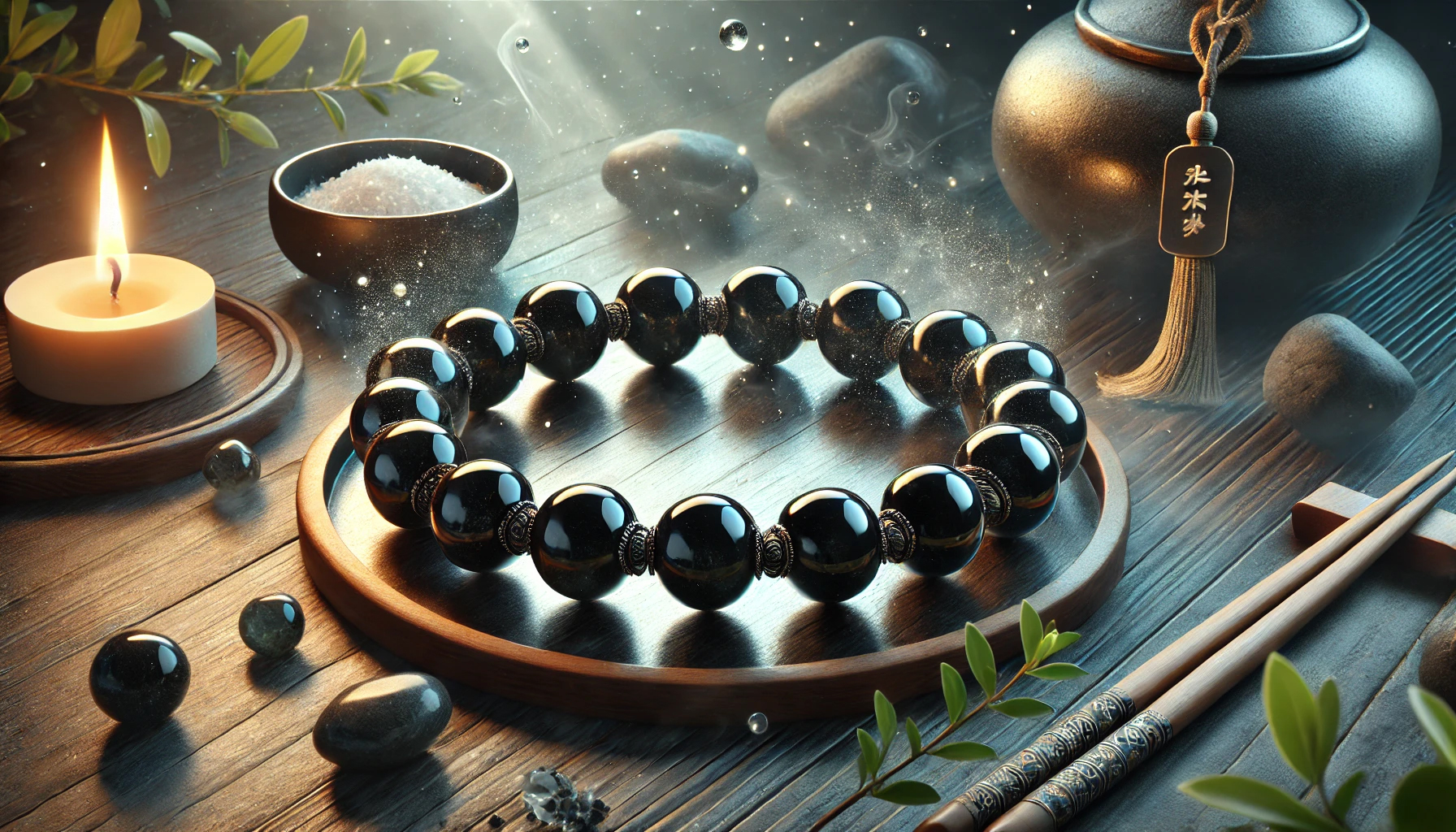 DALL%C2%B7E 2025 01 26 22.17.14 A photorealistic digital illustration of a Japanese style bracelet made entirely of morion black quartz stones designed to protect against spiritua - 生霊除けブレスレットの効果と選び方！最強のパワーストーンを活用する方法