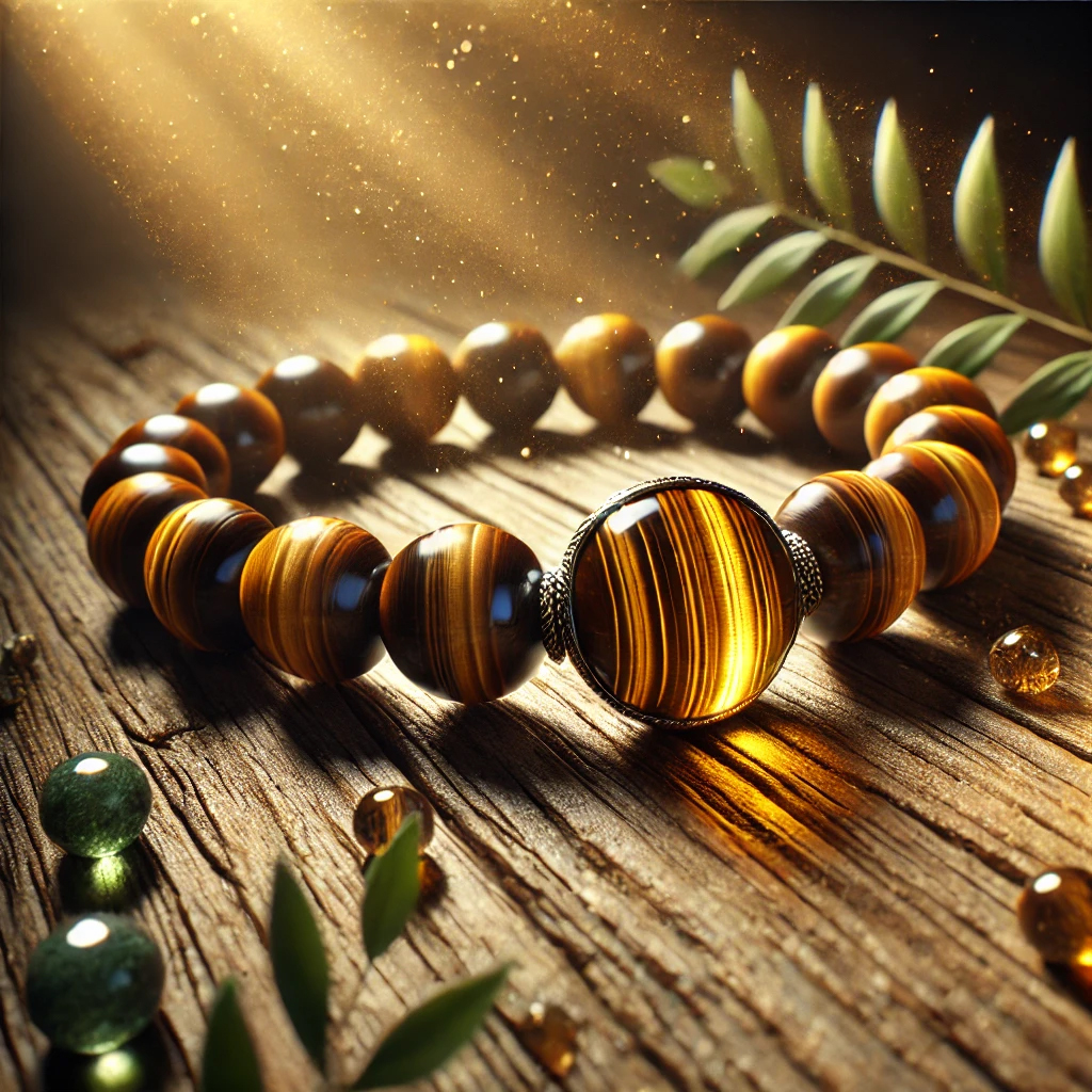 DALL%C2%B7E 2025 01 27 00.36.34 A detailed image showcasing a polished tigers eye gemstone in a practical and inspiring setting. The tigers eye is incorporated into a beaded bracel - タイガーアイが持つ強いエネルギー｜効果や相性を詳しく解説