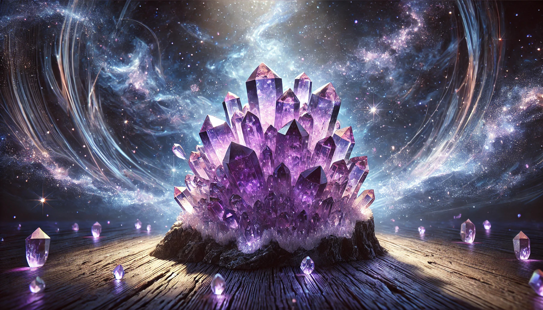 DALL%C2%B7E 2025 01 27 11.40.16 A highly detailed depiction of an amethyst crystal cluster featuring vibrant deep purple crystal points emerging from a natural rocky base. The clus - アメジストの強すぎる効果を徹底解説｜精神安定とスピリチュアルな成長をサポート