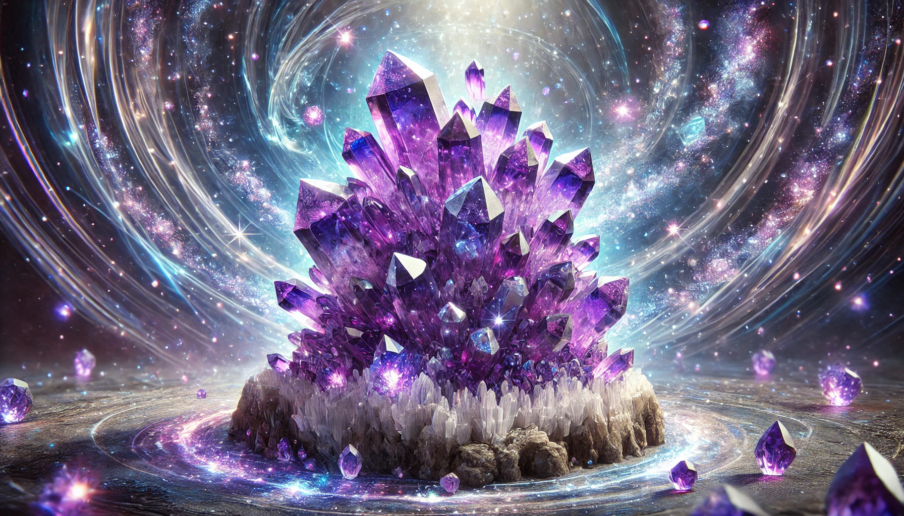 DALL%C2%B7E 2025 01 27 11.41.43 A highly detailed depiction of an amethyst crystal cluster featuring vibrant deep purple crystal points emerging from a natural rocky base. The clus - アメジストの強すぎる効果を徹底解説｜精神安定とスピリチュアルな成長をサポート