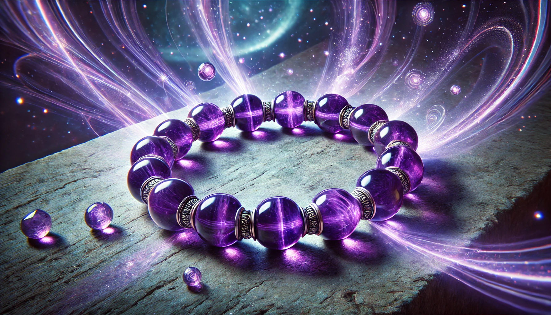 DALL%C2%B7E 2025 01 27 15.27.28 A highly detailed depiction of an amethyst bracelet featuring polished deep purple beads strung together in a seamless circular design. The bracelet - アメジストの強すぎる効果を徹底解説｜精神安定とスピリチュアルな成長をサポート