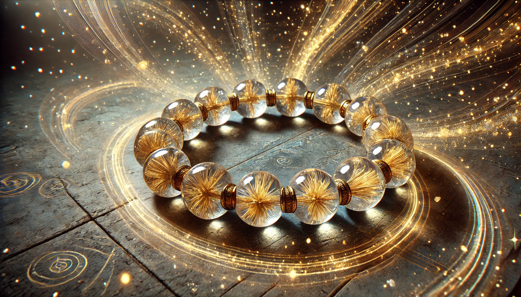 DALL%C2%B7E 2025 01 27 15.37.51 A highly detailed depiction of a rutilated quartz bracelet featuring polished clear quartz beads with golden hair like rutile inclusions strung tog - ルチルクォーツの効果が出すぎる？その状況と引き寄せ方法を徹底解説！