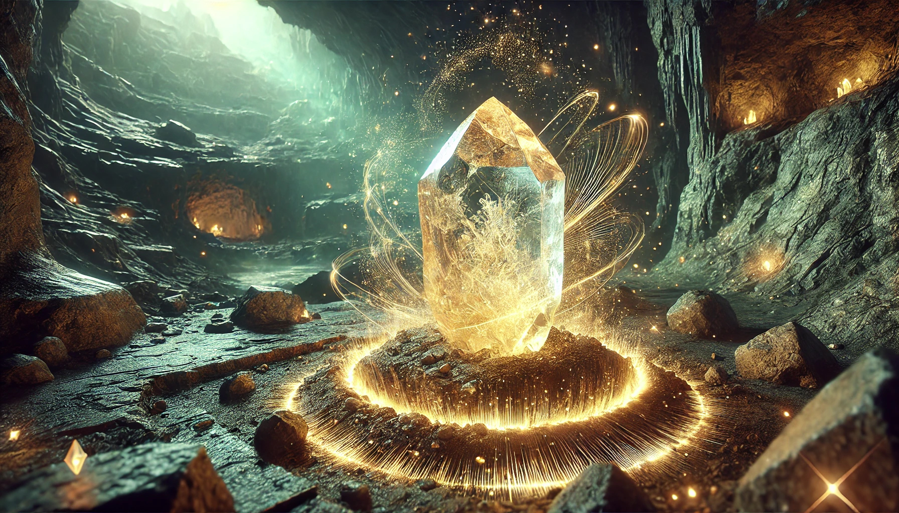 DALL%C2%B7E 2025 01 27 22.22.34 A highly detailed depiction of a glowing mystical crystal being mined from a rugged underground cavern symbolizing its spiritual power and unique en - 石が持ち主を選ぶ理由とは？スピリチュアルな視点で解説