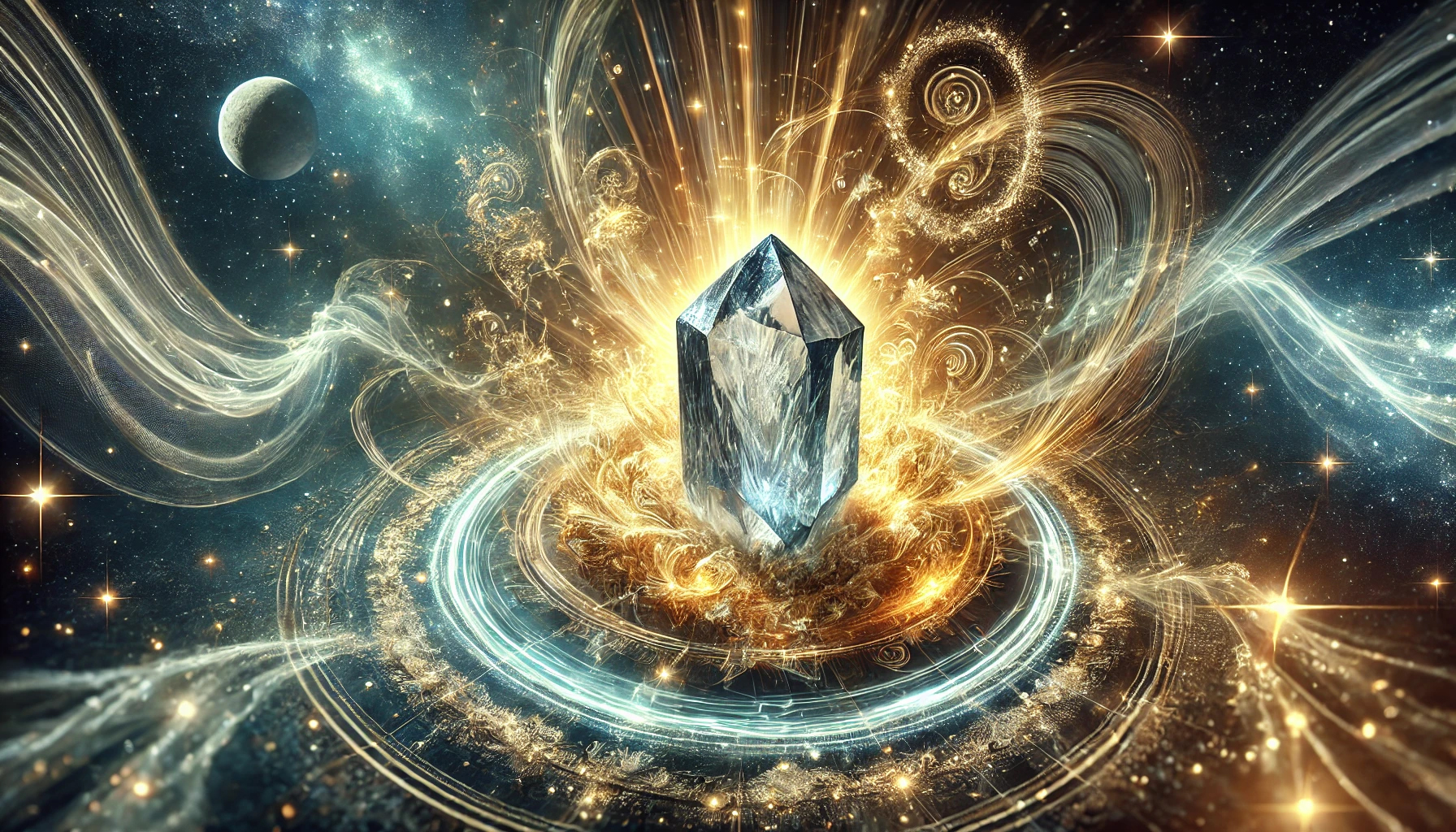 DALL%C2%B7E 2025 01 27 22.24.28 A highly detailed depiction of a glowing mystical crystal surrounded by radiant golden and white light waves symbolizing its spiritual power and the - 石が持ち主を選ぶ理由とは？スピリチュアルな視点で解説