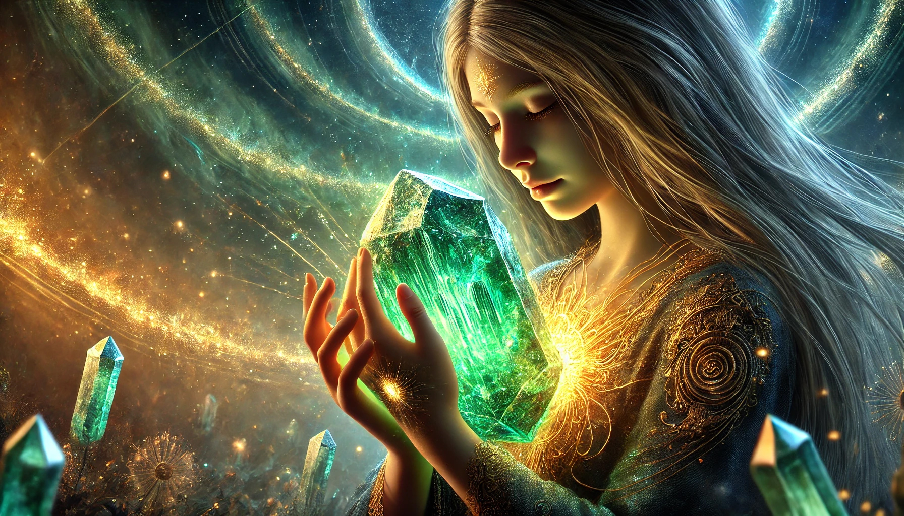 DALL%C2%B7E 2025 01 27 22.25.52 A highly detailed depiction of a glowing mystical crystal being gently held by a serene young girl symbolizing the harmony and resonance between the - 石が持ち主を選ぶ理由とは？スピリチュアルな視点で解説