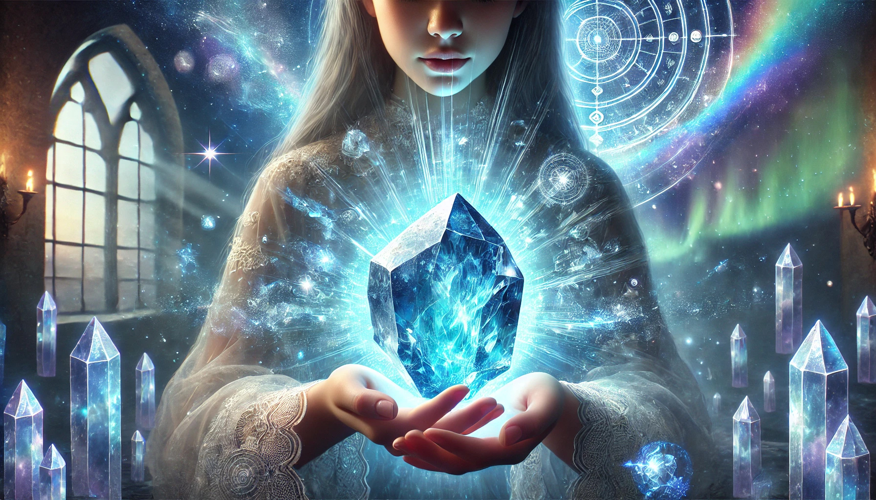 DALL%C2%B7E 2025 01 27 22.26.54 A highly detailed depiction of a glowing mystical crystal being gently held by a serene young girl symbolizing the harmony and resonance between the - 石が持ち主を選ぶ理由とは？スピリチュアルな視点で解説