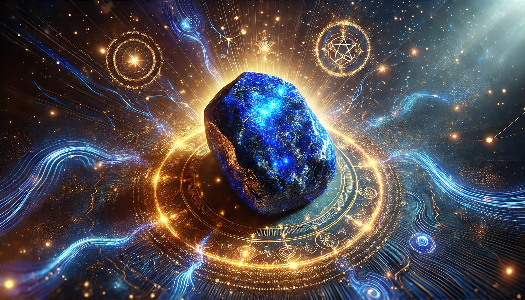 DALL%C2%B7E 2025 01 27 22.48.15 A highly detailed depiction of a glowing lapis lazuli stone featuring its deep royal blue color with shimmering golden flecks and intricate natural p - ラピスラズリは持ち主を選ぶ？その真実と効果を徹底解説