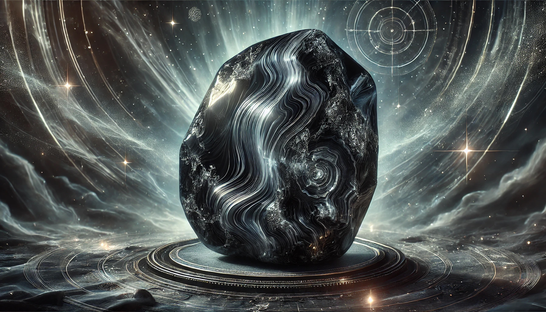 DALL%C2%B7E 2025 01 29 14.37.50 A highly detailed depiction of a mystical onyx stone featuring its deep black polished surface with subtle natural striations radiating a strong pr - オニキスは持ち主を選ぶのか？その真実と理由を解説