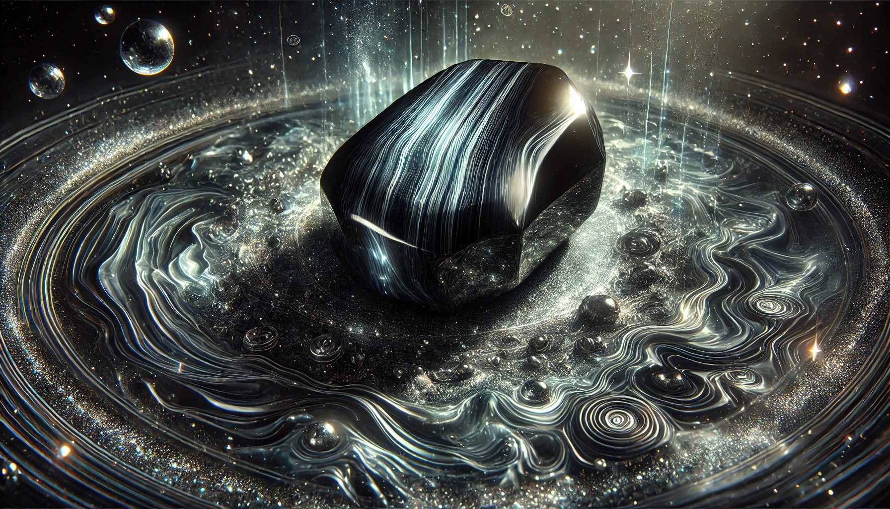 DALL%C2%B7E 2025 01 29 14.38.08 A highly detailed depiction of a mystical onyx stone featuring its deep black polished surface with subtle natural striations radiating a strong pr - オニキスは持ち主を選ぶのか？その真実と理由を解説