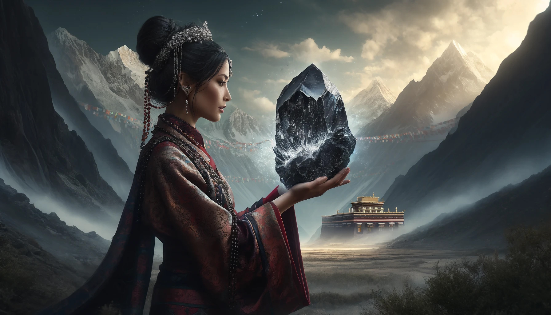 DALL%C2%B7E 2025 01 30 20.03.46 A highly detailed depiction of a Tibetan woman in traditional attire standing in a serene mountain landscape holding a raw morion crystal in her han - モリオン 持ち主を選ぶ理由を徹底解説｜その効果とスピリチュアルな特徴