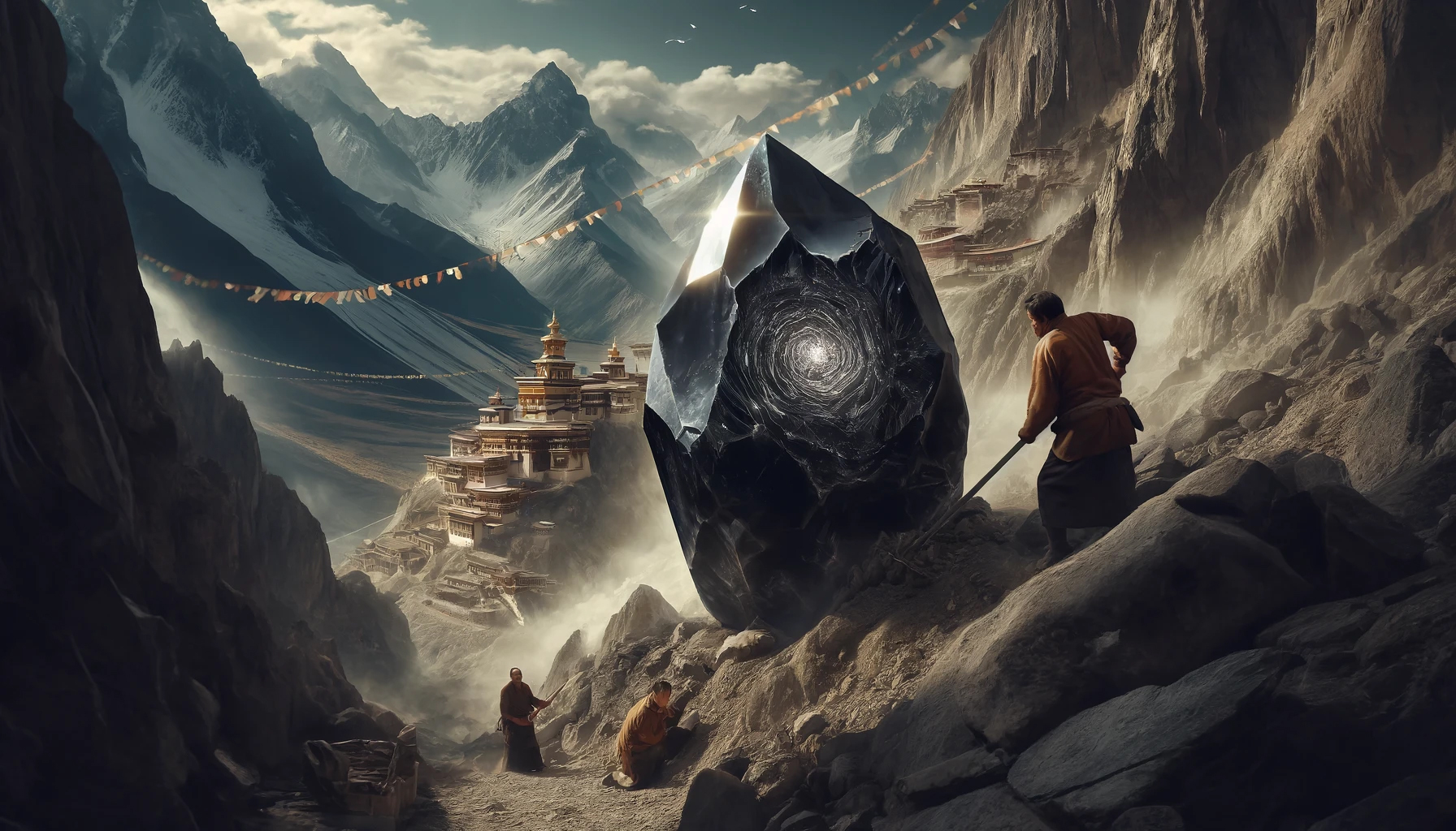 DALL%C2%B7E 2025 01 30 20.12.00 A highly detailed depiction of a raw morion crystal being carefully mined from a rugged Tibetan mountain landscape. The morion crystal cluster deep b - モリオン 持ち主を選ぶ理由を徹底解説｜その効果とスピリチュアルな特徴