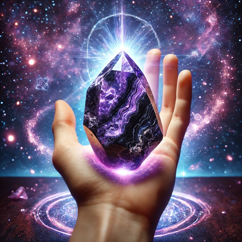 DALL%C2%B7E 2025 02 19 19.36.54 A high quality photograph of a raw sugilite gemstone resting in an open palm symbolizing spiritual awakening and energy connection. The stone is a vi - スギライトを使って霊感を開花！スピリチュアルな成長をサポートする方法