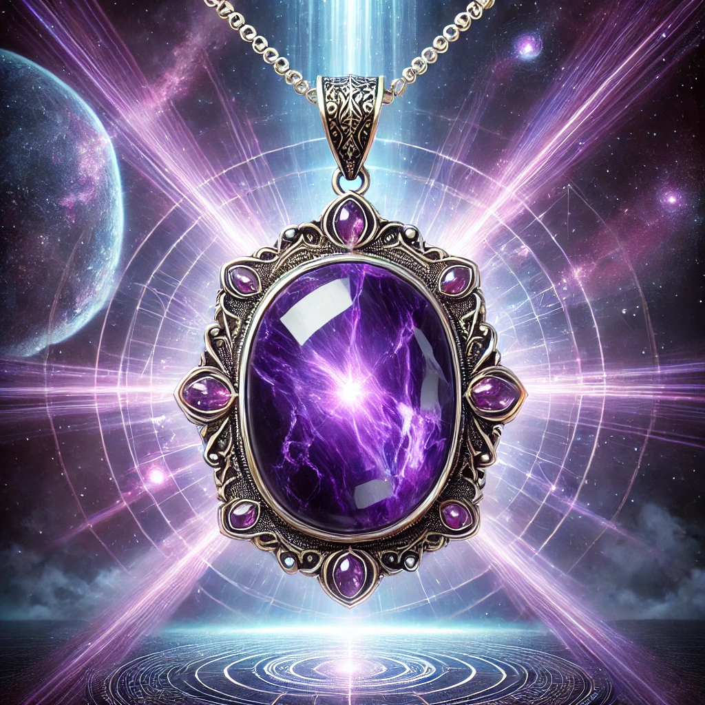 DALL%C2%B7E 2025 02 19 19.41.32 A high quality photograph of a sugilite pendant top glowing with intensified spiritual energy. The pendant features a deep purple polished sugilite g - スギライトを使って霊感を開花！スピリチュアルな成長をサポートする方法