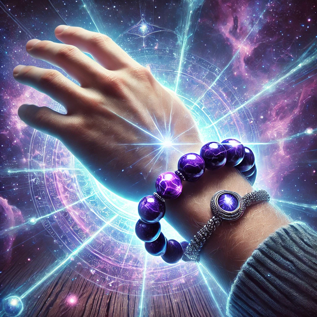 DALL%C2%B7E 2025 02 19 19.42.26 A high quality photograph of a sugilite bracelet worn on a persons wrist glowing with powerful spiritual energy. The bracelet features deep purple  - スギライトを使って霊感を開花！スピリチュアルな成長をサポートする方法